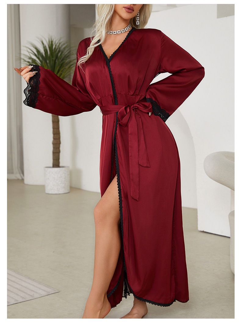 New cross-border light luxury long-sleeved V-neck satin lace patchwork long bathrobe, bathrobe and home wear for women, 657 pic 18