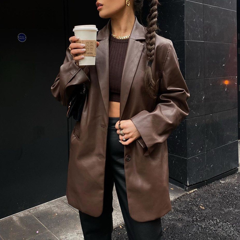 2023亚马逊女款皮衣秋冬新款 欧美黑色外套休闲保暖西装夹克女装详情13