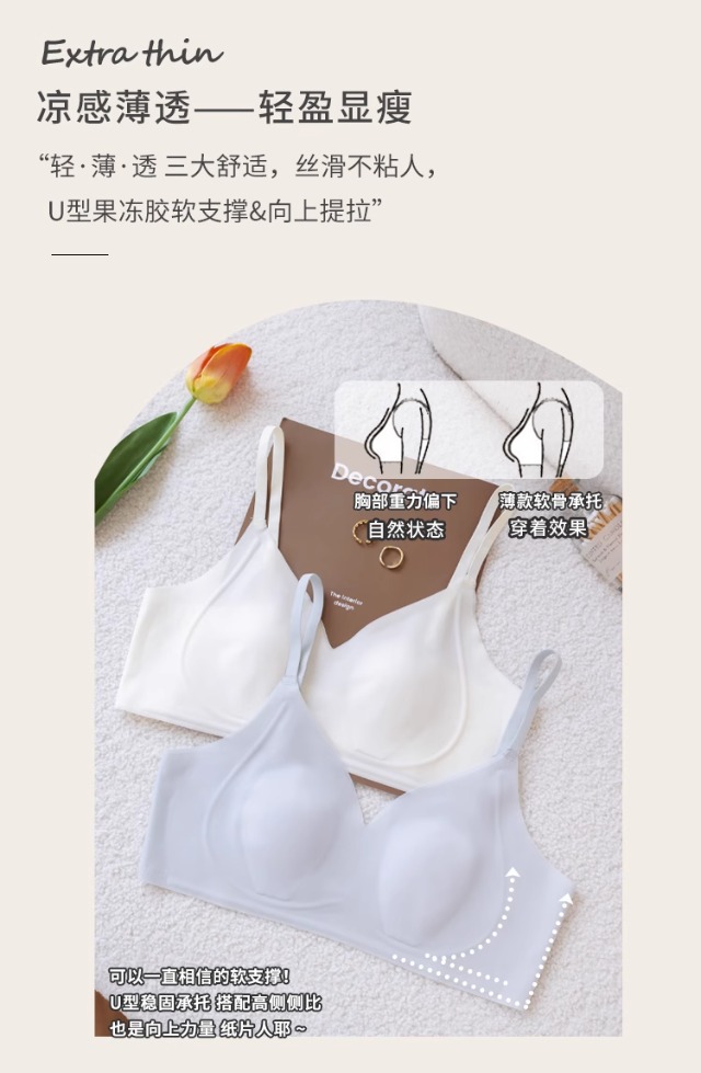 This thin, rabbit-ear, cool-feeling, seamless lingerie is suitable for women in summer. It features a large bust without a steel ring, making the breasts look smaller. It also has a pair of breathable bras pic 13