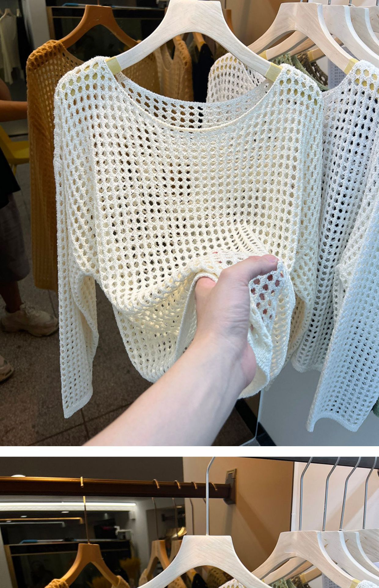 KANING欧货长袖镂空针织网衫女2025夏秋新款网眼罩衫新款上衣网纱详情5