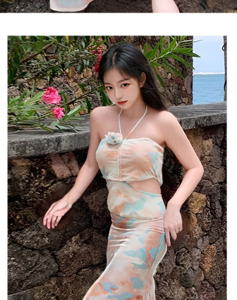 新款扎染挂脖露腰泳衣女2026分体三件套纯欲风辣妹海边度假长裙泳涤亚125200详情11