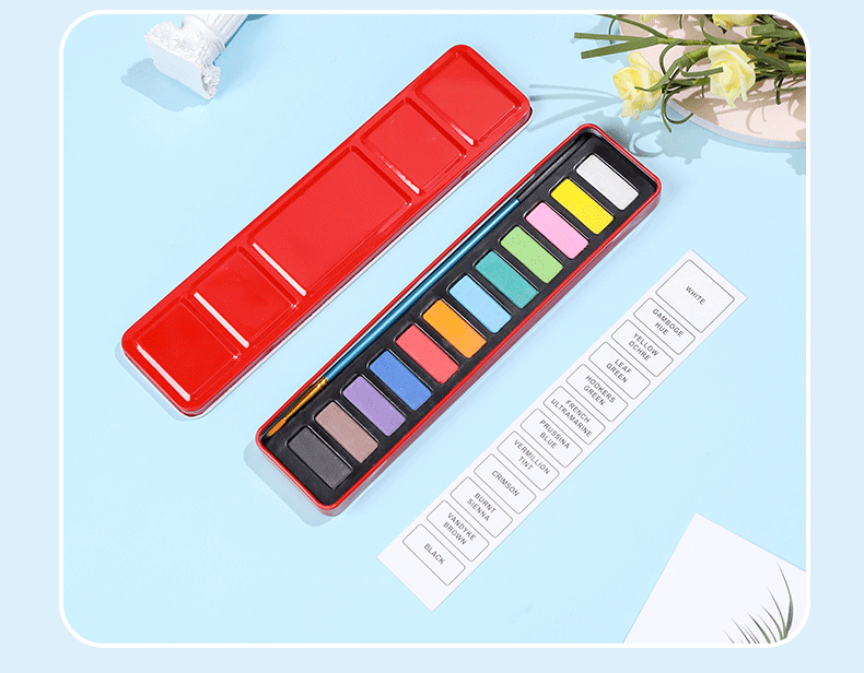 博艺宣便携式铁盒环保24色浓缩粉饼颜料儿童diy美术写生固体水彩详情10