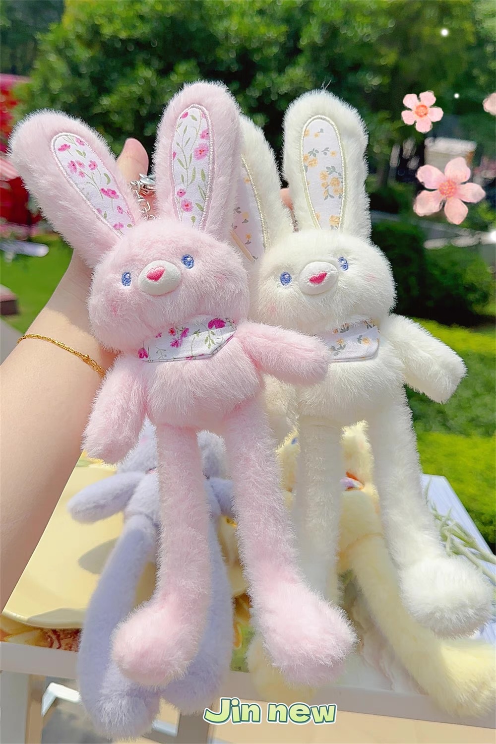新品趣味碎花抽拉兔毛绒公仔钥匙扣创意解压可爱书包挂件网红礼品详情3