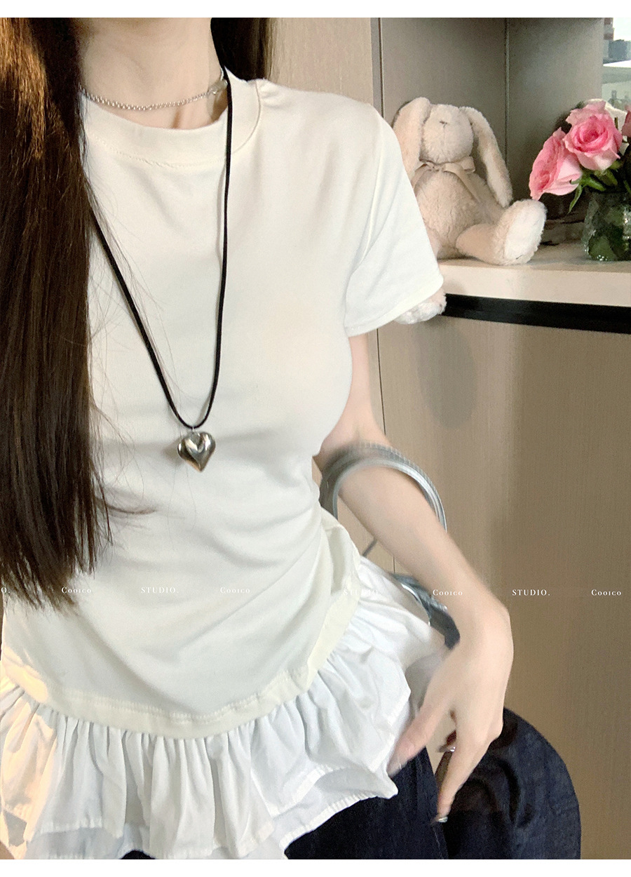 法式荷叶花边下摆拼接白色短袖t恤女夏季设计感修身正肩小衫上衣详情10