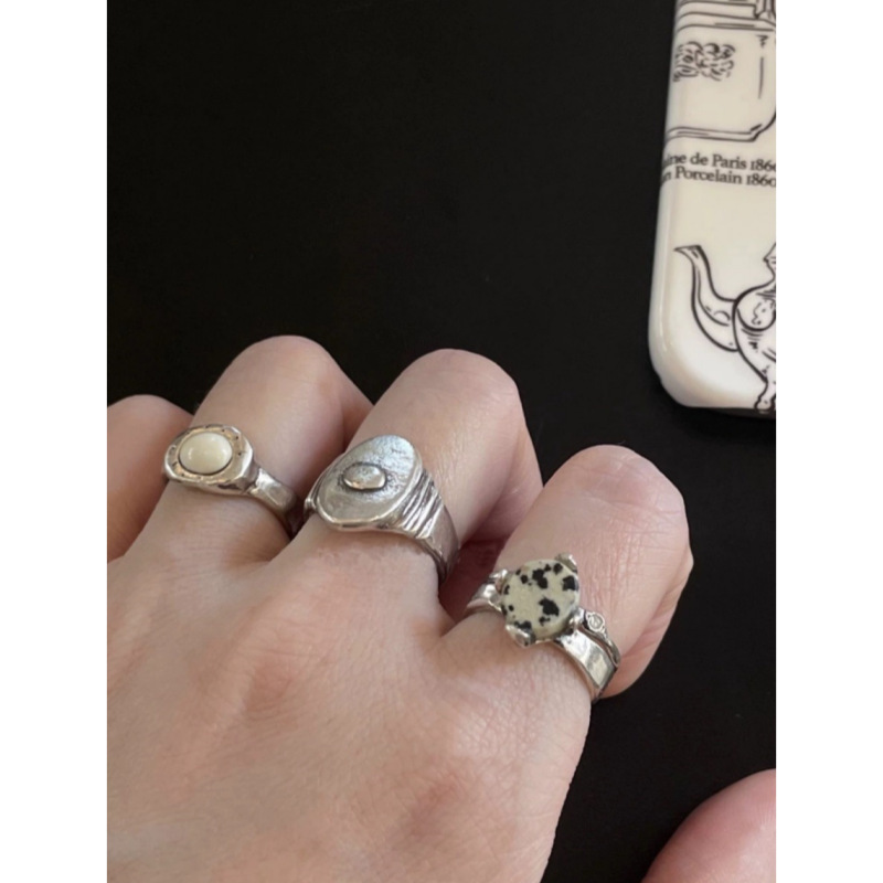 韩系小众设计mars手工复古做旧天然斑点石戒指简约百搭叠戴奶牛戒详情2