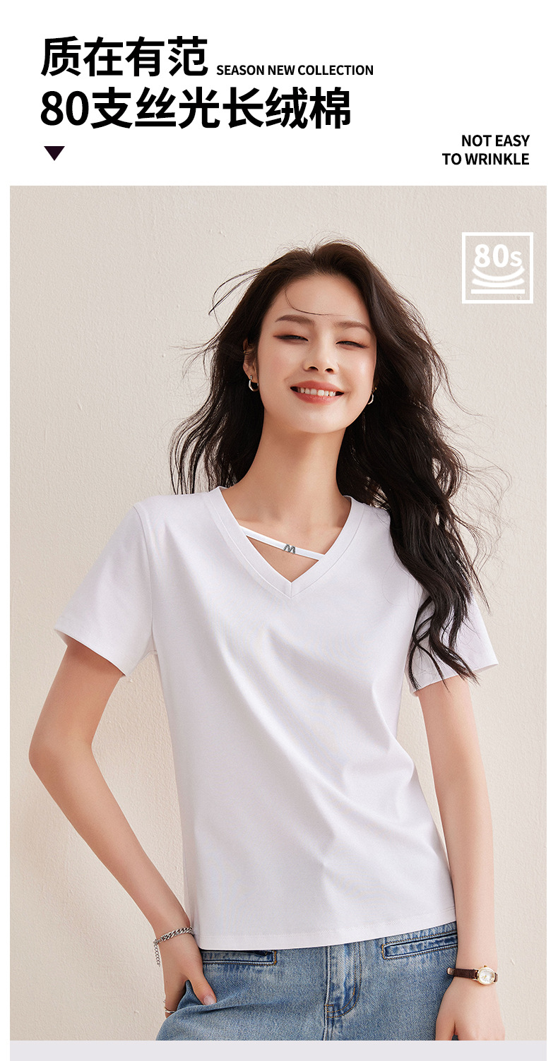 Black V-neck short-sleeved T-shirt for women, a new summer style that is slimming and form-fitting, with a cinched waist and straight shoulders. It is a cropped top pic 1