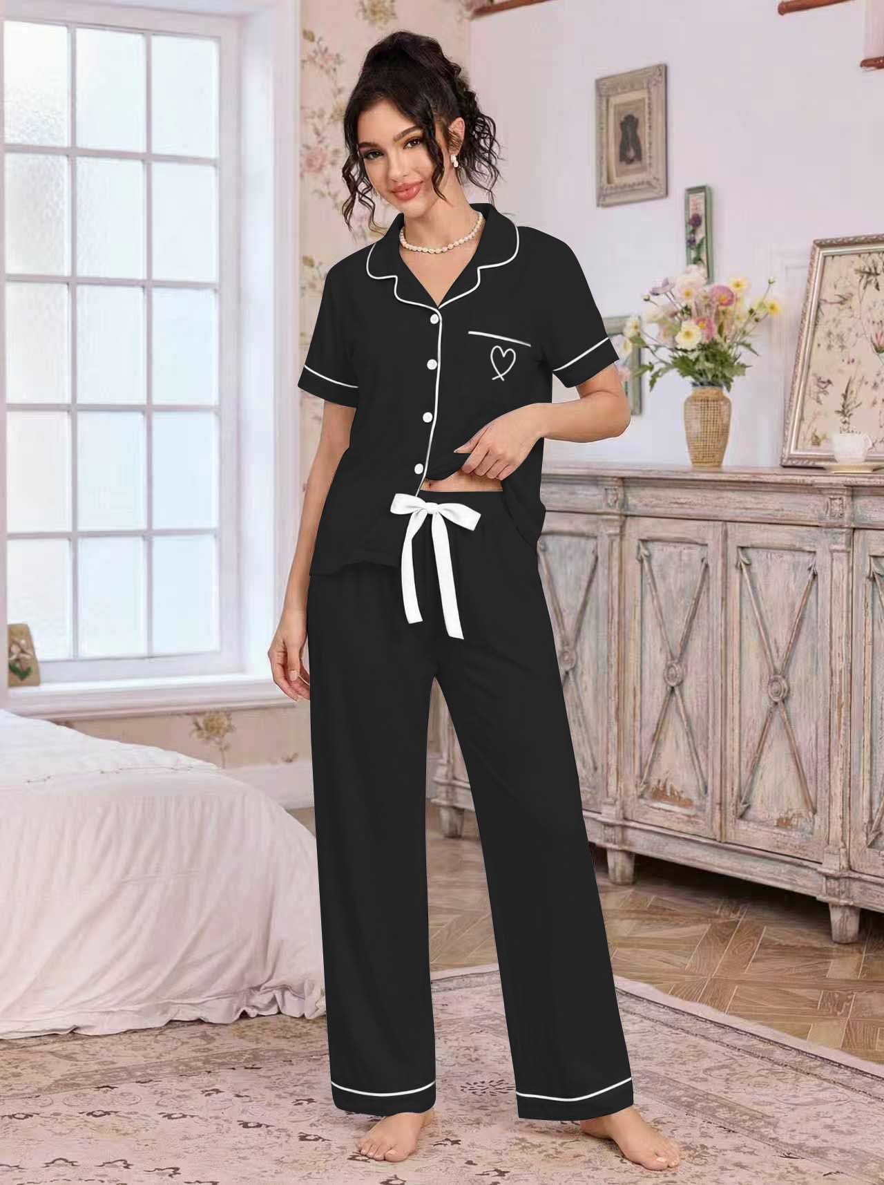 亚马逊欧美家居服套装翻领开衫短袖长裤爱心绣花睡衣女外贸独立站详情14