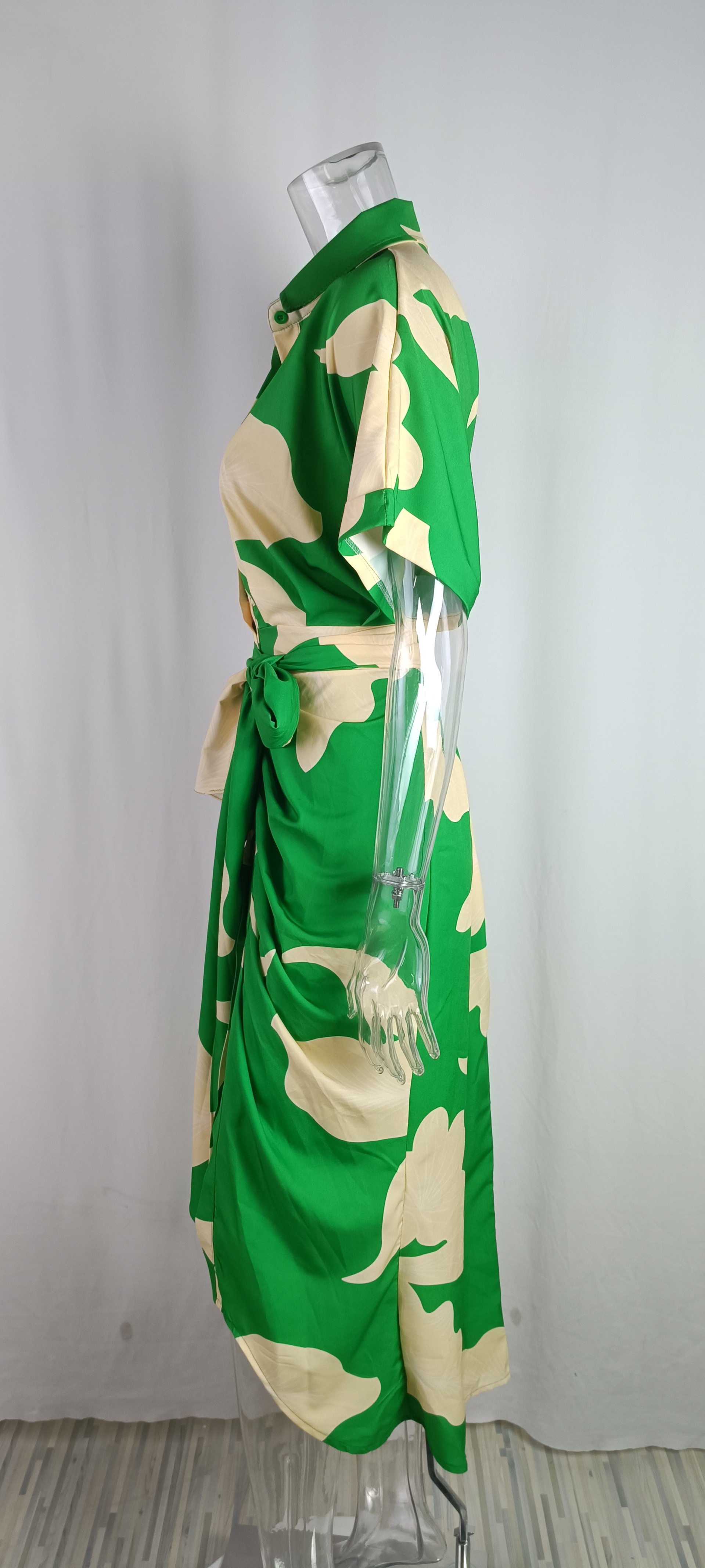 Printed Lapel Short-Sleeved High-Waisted Long Shirt Dress详情7