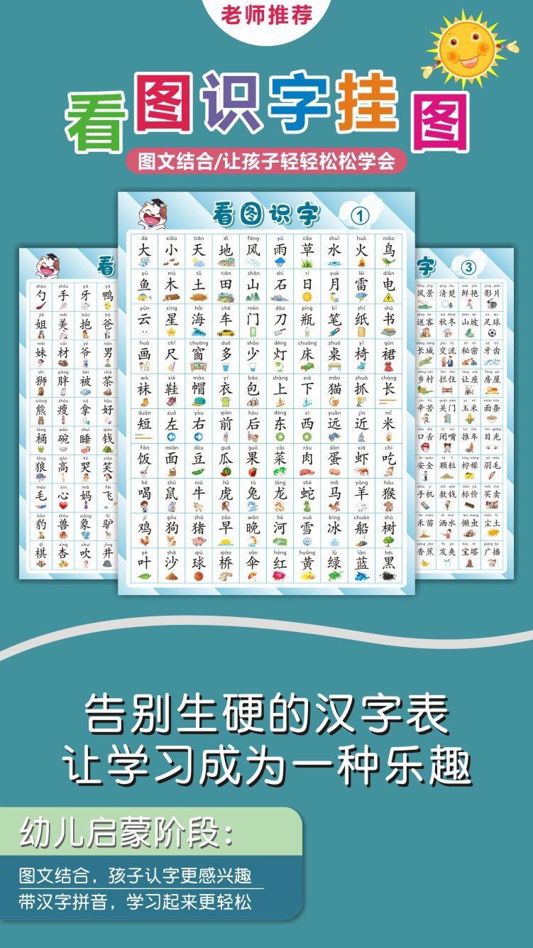 看图识字挂图幼儿园小孩启蒙早教认字汉字表学习神器墙贴大全批发详情1