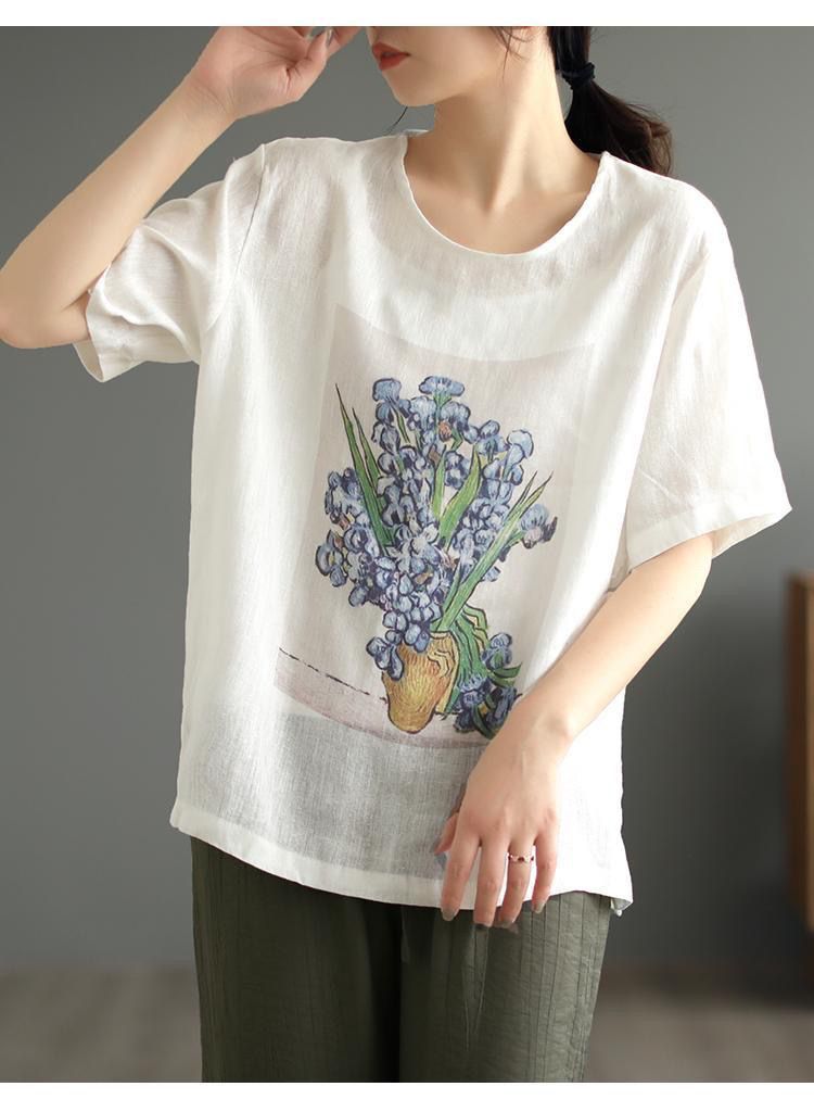 棉麻体恤女短袖2023夏装新款女式上衣宽松复古印花大码女装T恤潮详情12