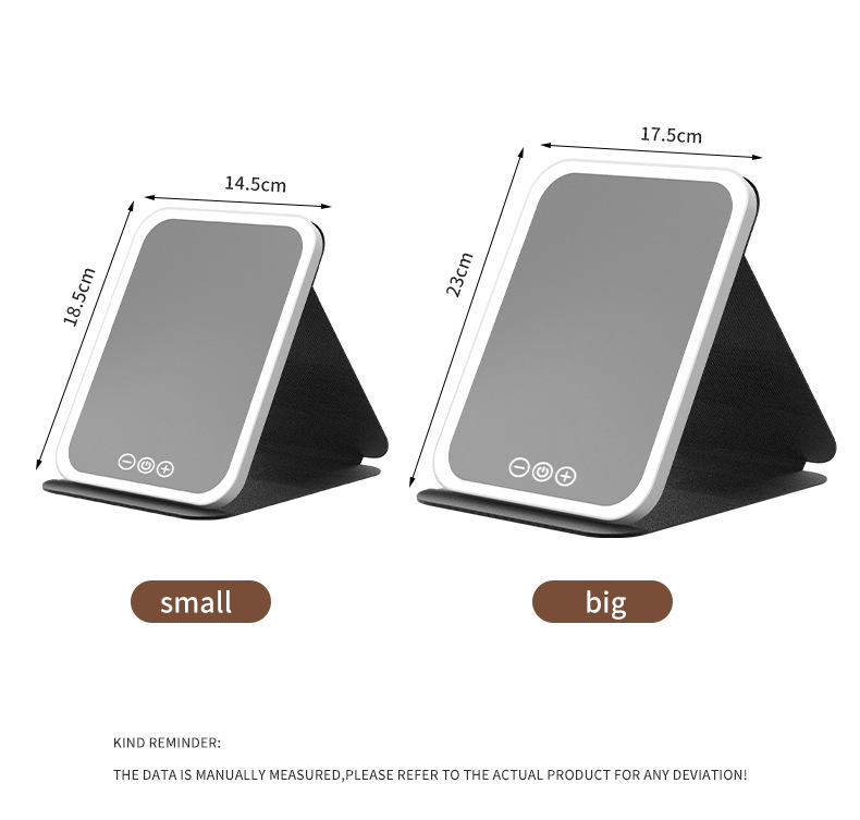 跨境爆款led化妆镜随身便携可折叠带灯充电梳妆镜桌面补光皮壳镜详情13