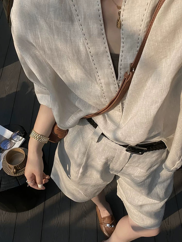 Old Money style beautiful professional outfit shirt linen suit pants for women 2025 Spring ootd Outfit complete set pic 8