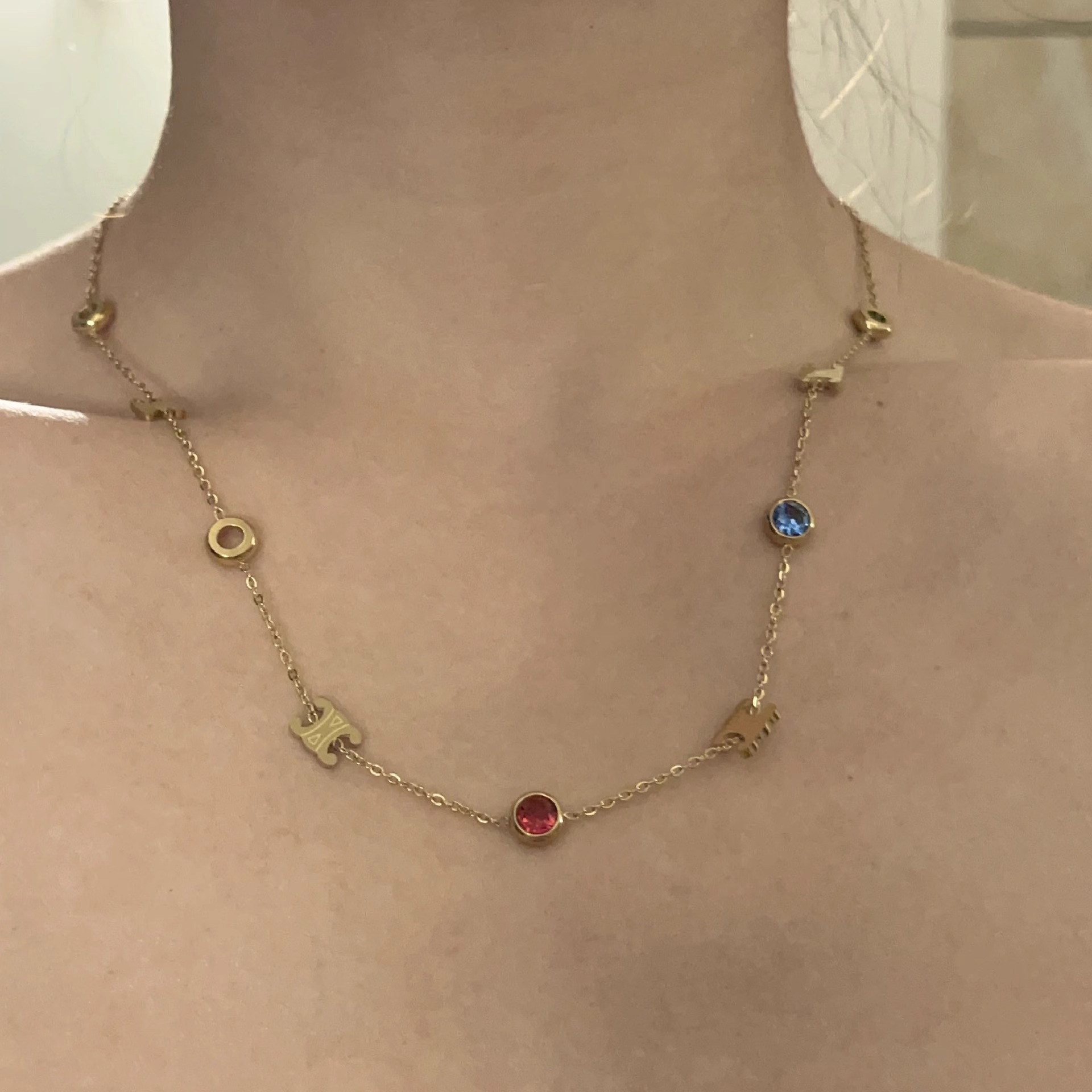 Fashionable French retro color stone spliced letter necklace, niche design, high-end feel, new collarbone chain bracelet pic 5