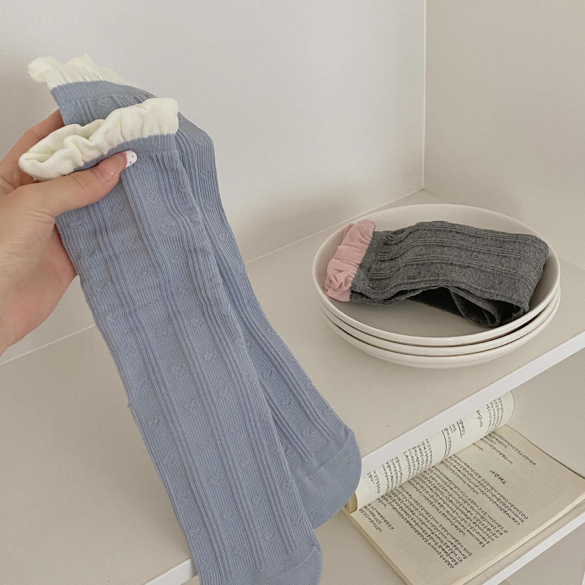 Autumn and winter new straight socks, Japanese-style color-blocking pure cotton lace mid-calf socks, Korean-style MIU-style boneless pile socks for women pic 9