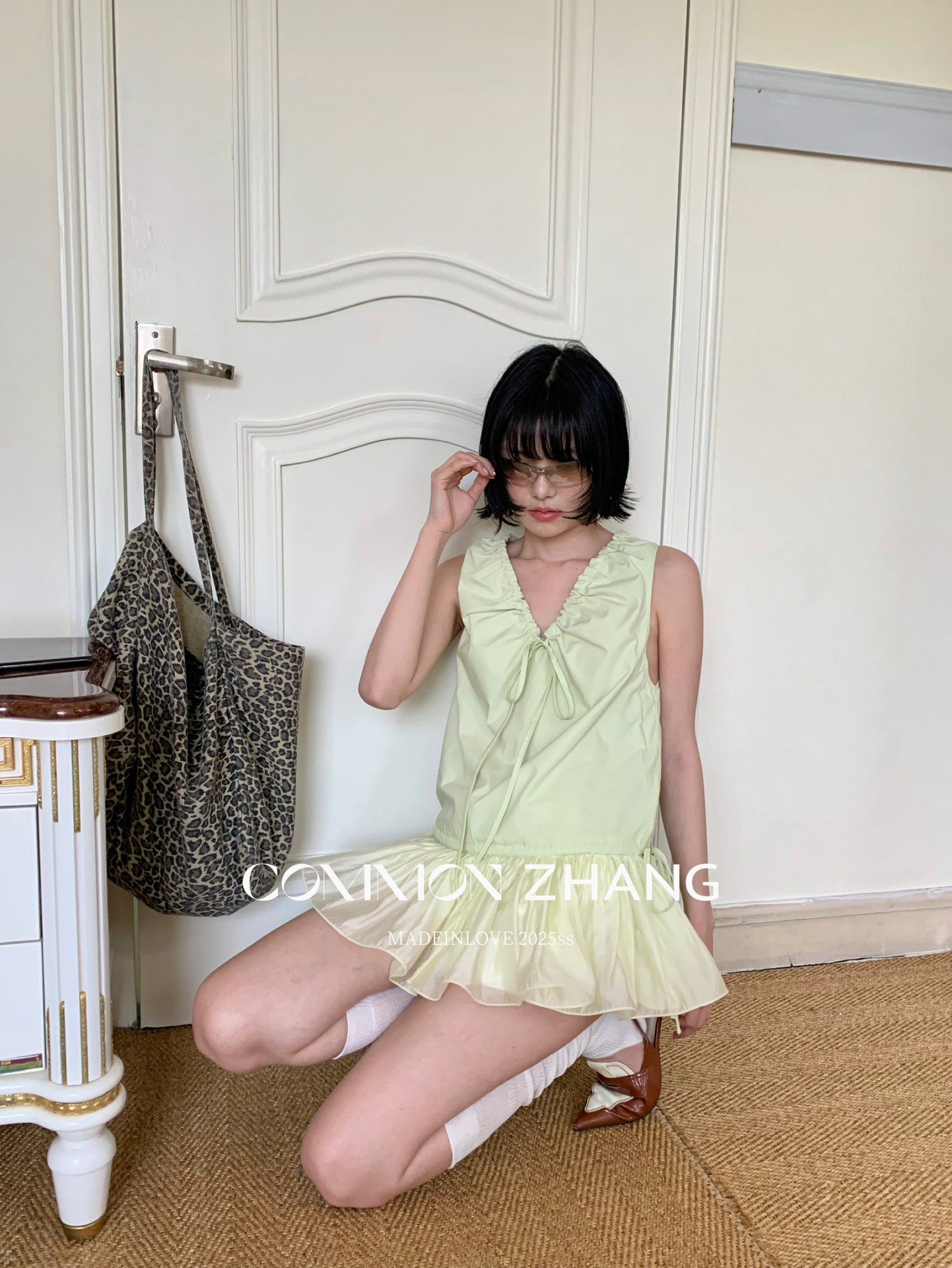 CZ ZHANG Summer French mint Manbo V-neck lace-up Youthful A-line puffed vest dress for women, B23782 pic 16