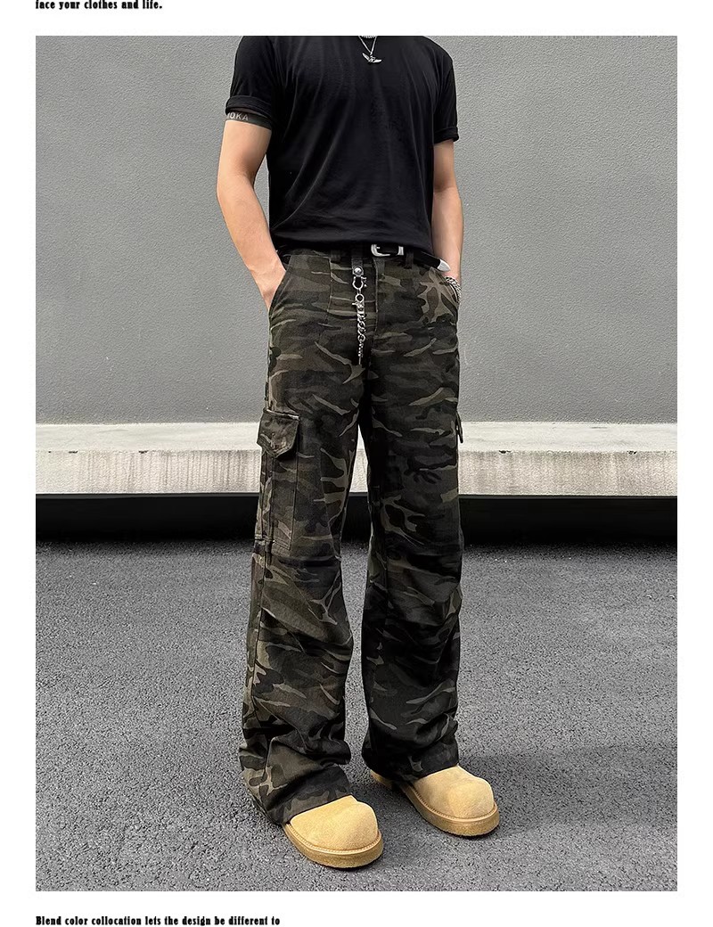 美式复古多口袋阔腿水洗迷彩工装牛仔裤男女小众休闲宽松直筒长裤详情2