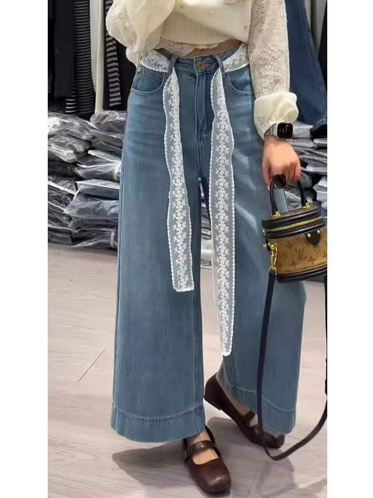 Loose, petite, high-waisted, slimming 9-inch straight-leg lace jeans for women in 2025, a trendy and retro wide-leg pants trend pic 9