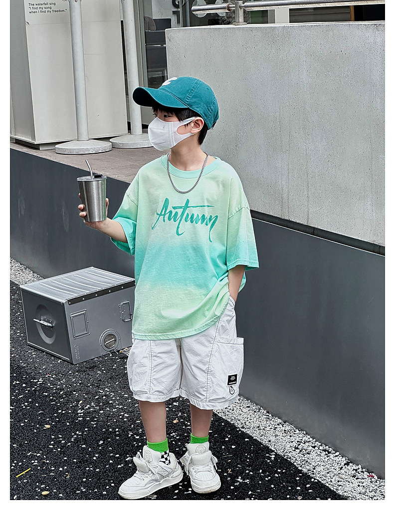 熊猫圆圆渐变男童夏季套装 2024跨境新款儿童短袖二件套织里童装详情46