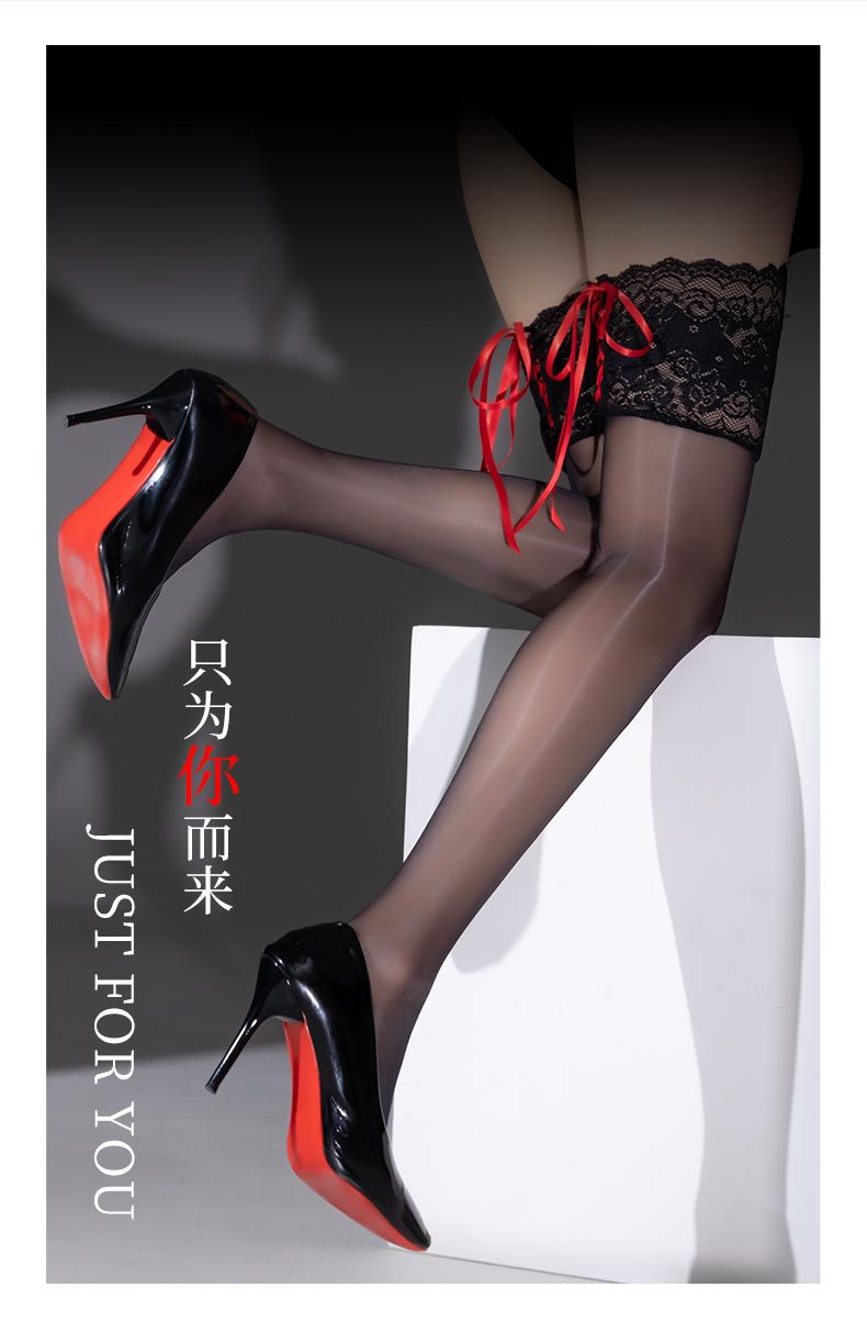 卿荷性感油亮长筒袜蕾丝花边DIY交叉绑带丝袜诱惑高筒过膝大腿袜详情3