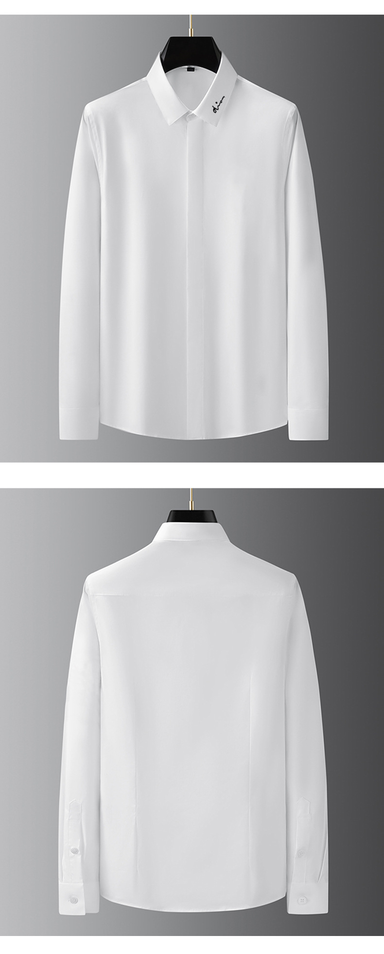 潮流轻奢高级感新款免烫高端男士长袖衬衫刺绣小签名百搭纯白男衬 pic 10