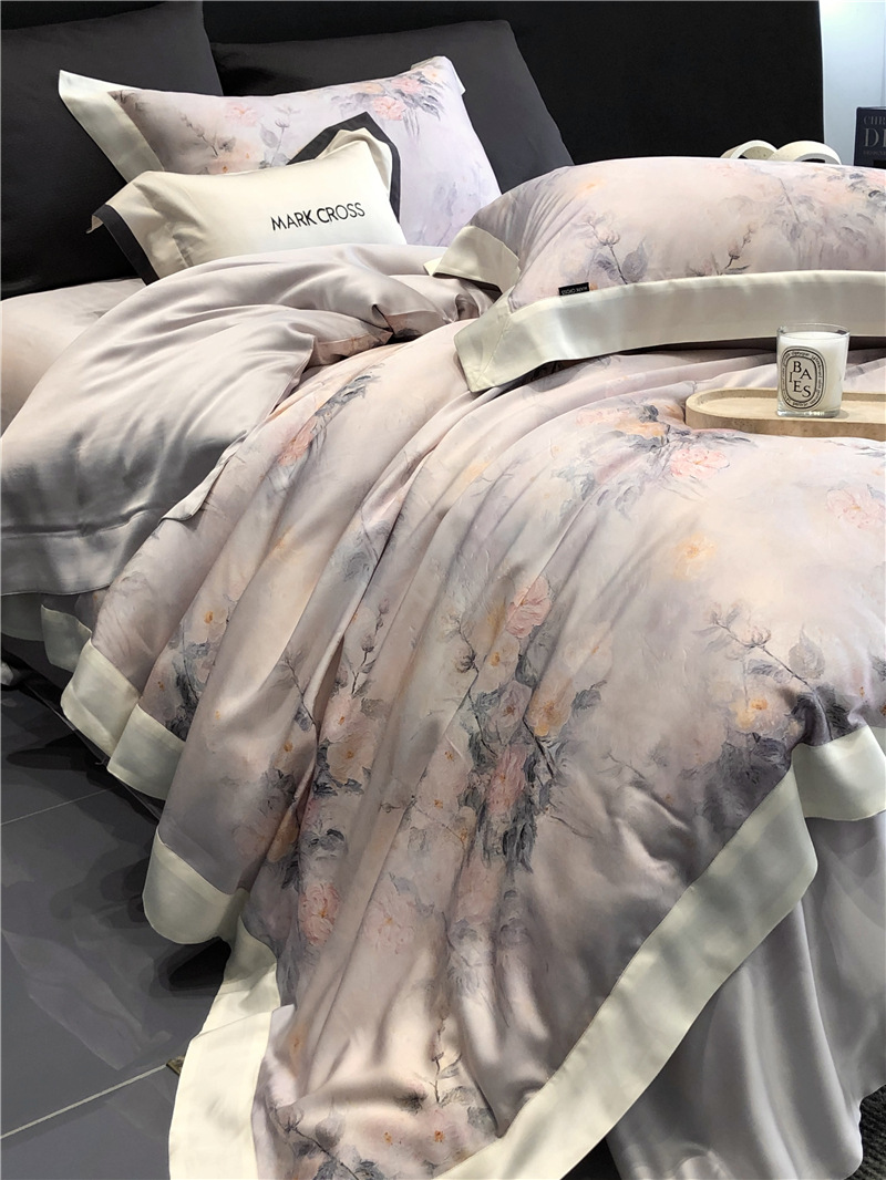 Cool ultra-fine denier Tencel summer light and cool condensation filament four-piece set, elegant printed sweat-absorbing nude bedding pic 13
