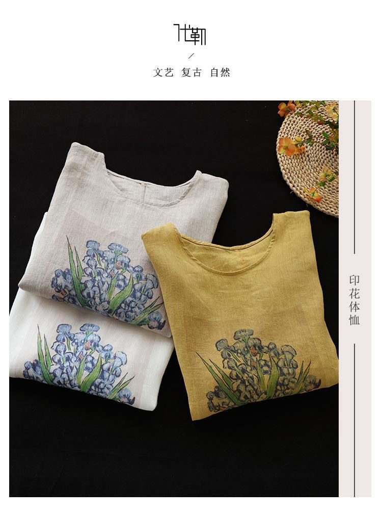 棉麻体恤女短袖2023夏装新款女式上衣宽松复古印花大码女装T恤潮详情8