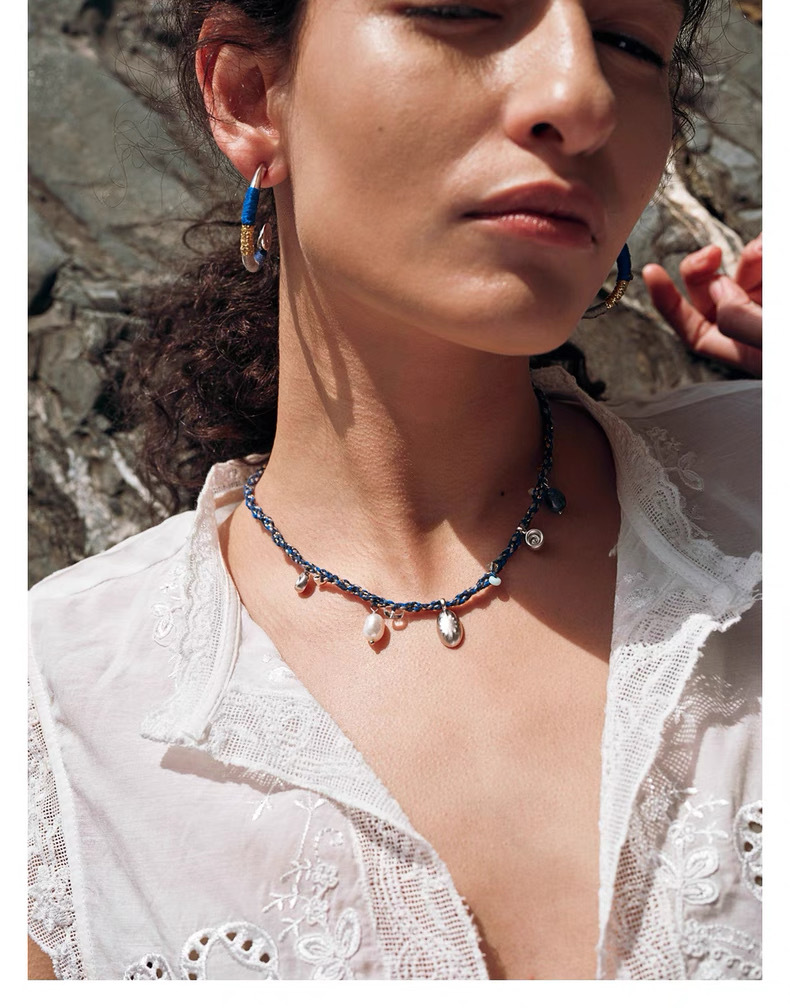 欧美时尚褶皱贝壳复古编绳项链小众设计淡水珍珠度假风叠戴锁骨链详情3