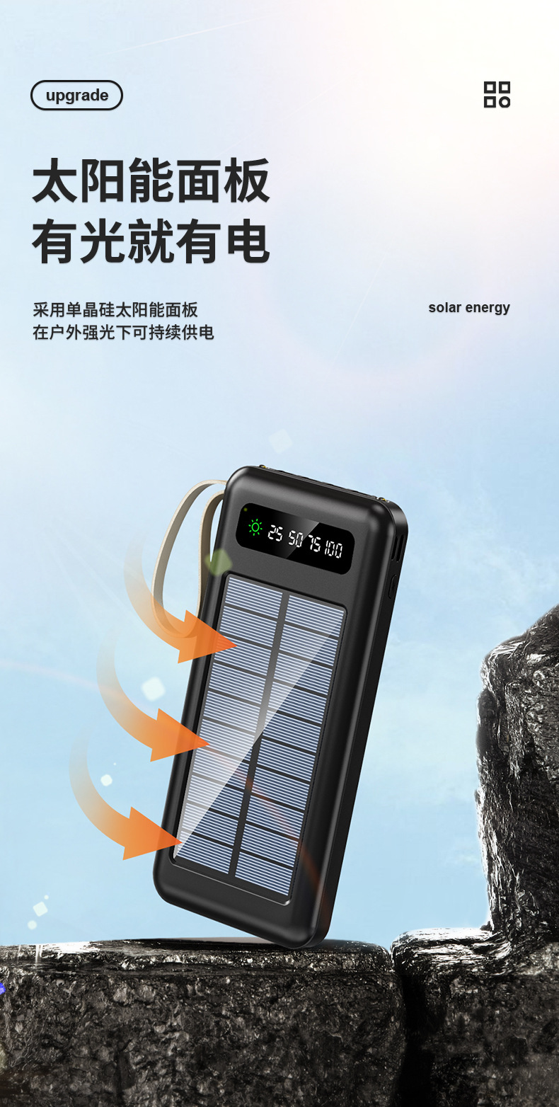 跨境户外太阳能大容量移动电源自带线充电宝20000毫安超薄便携详情2