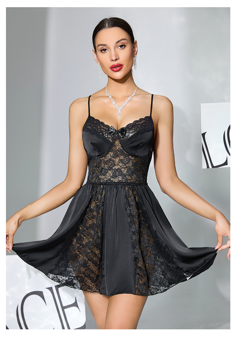 Fuente fábrica europa y américa sexy encaje patchwork satén halter vestido de dormir profundo V corto estilo blanco y negro dos colores inicio vestido 826 pic 4