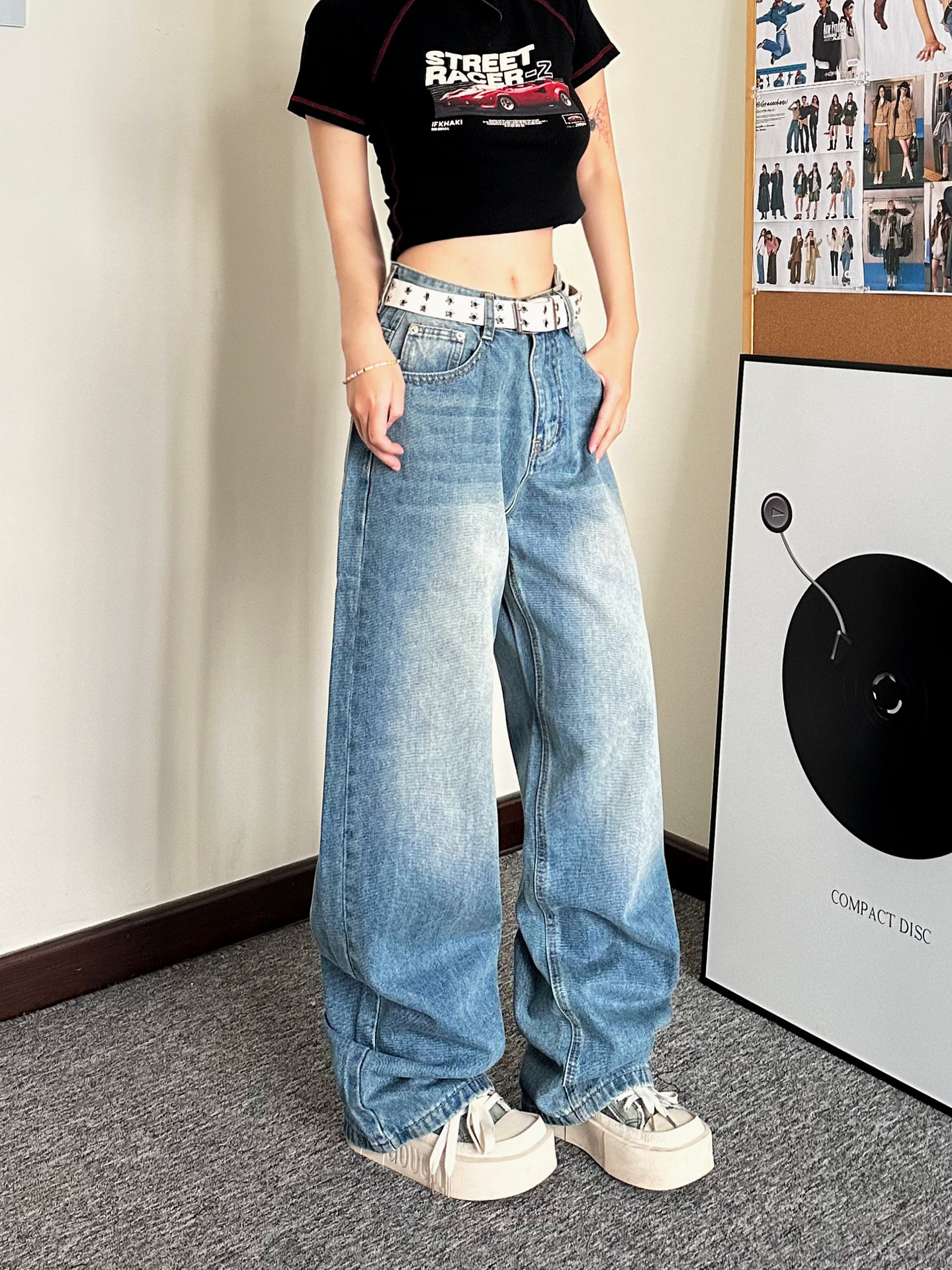 carmour|韩版复古中腰牛仔裤男女浅蓝色水洗设计感宽松直筒阔腿裤详情6