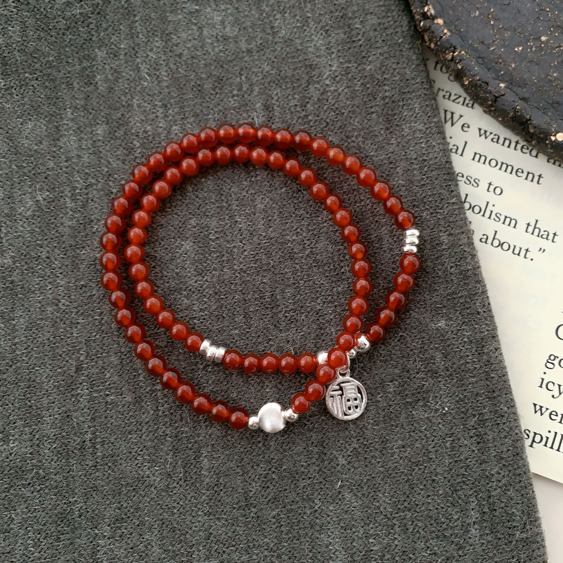 S925 sterling silver 11.27 Fupai red agate cat eye bead bracelet for women, a new Chinese-style niche high-end double-loop bracelet pic 8
