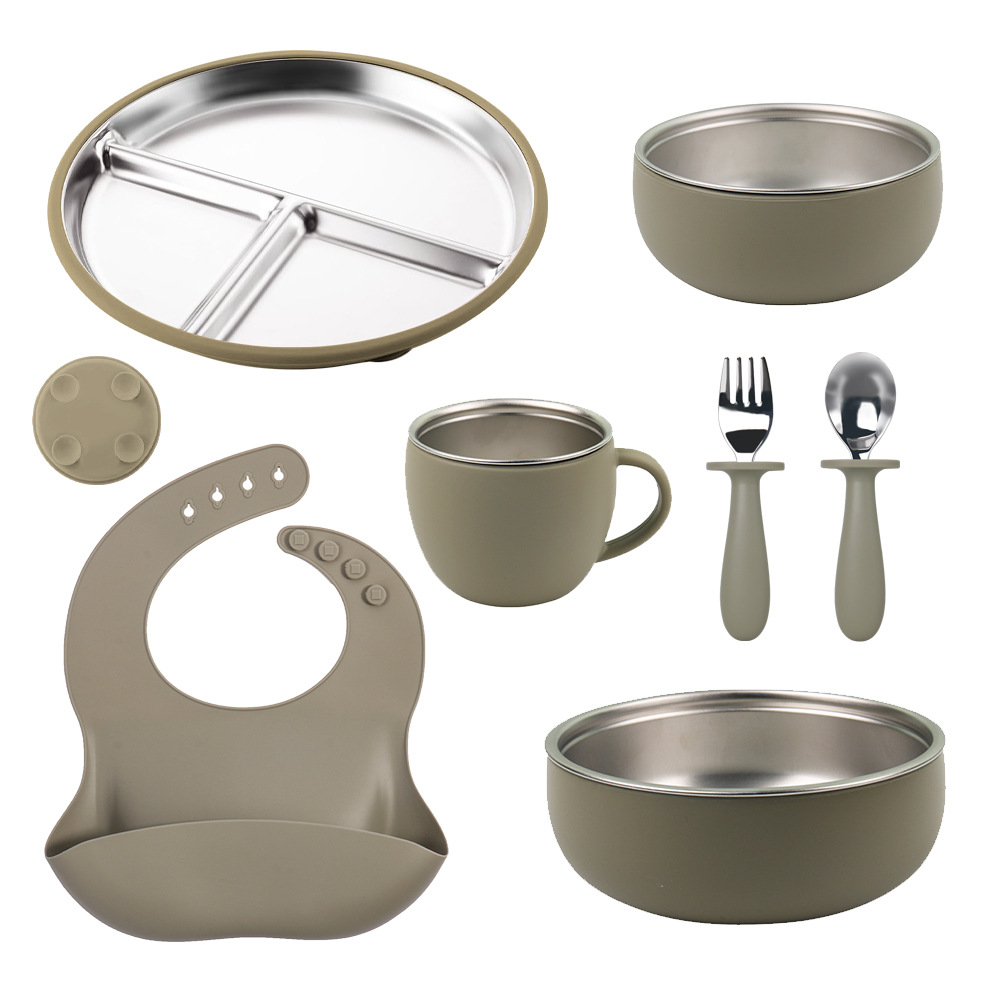 新品亚马训硅胶304不锈钢餐盘带吸盘套装儿童silicone喂养餐具详情7