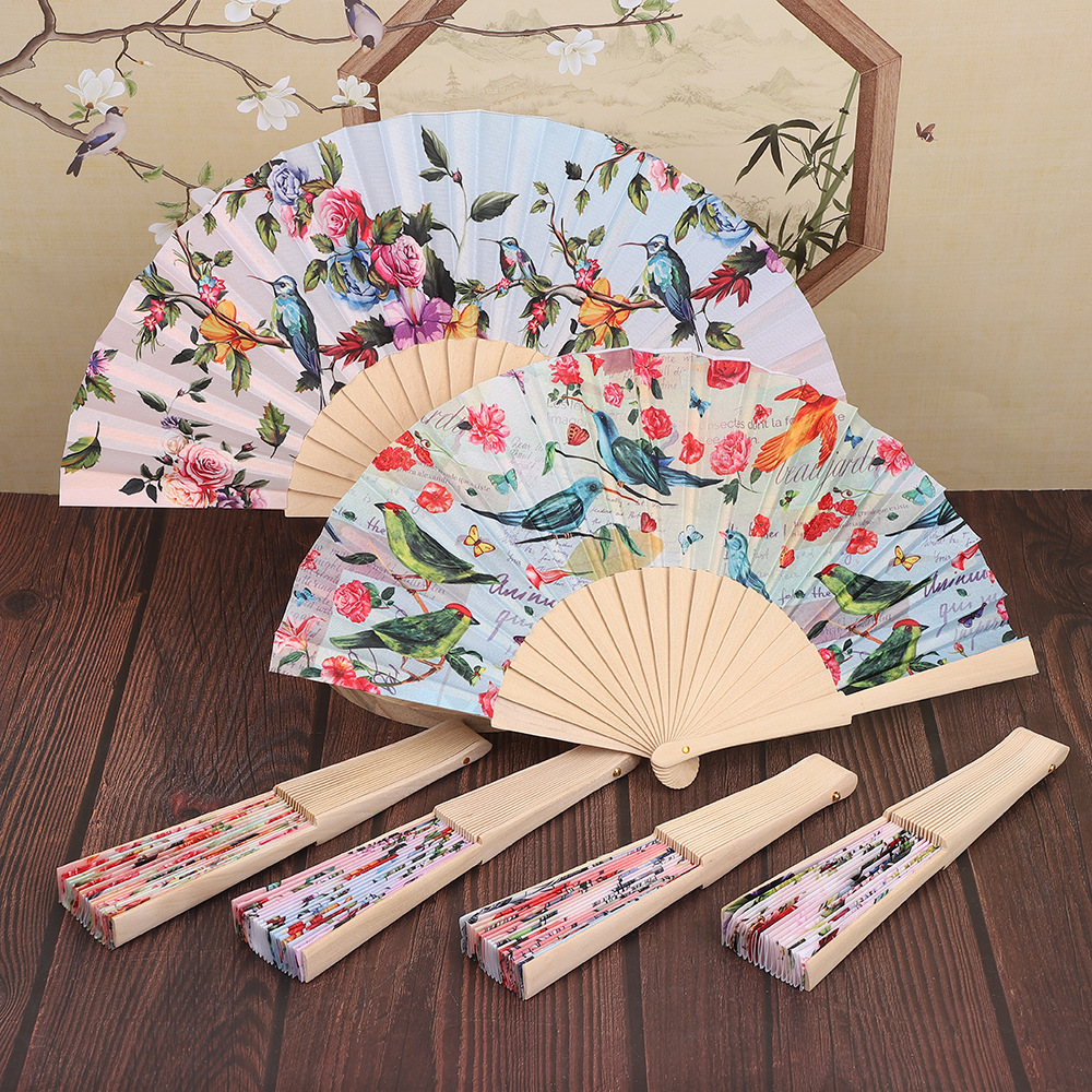 Folding fans, popular square dance fans, Chinese-style flower-and-bird fans, ancient-style folding fans, wooden frame fans in stock and in batch pic 1