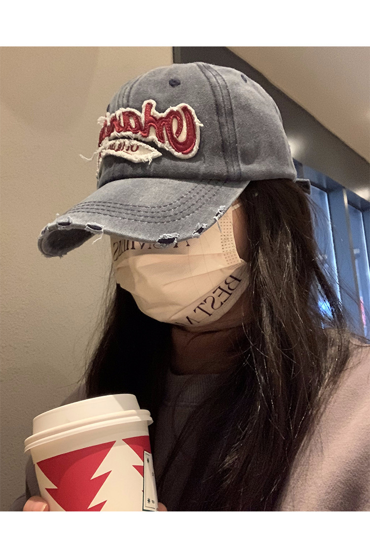 American retro distressed baseball cap for women, washed-out, ripped denim wide-brimmed baseball cap, face-showing small cap pic 8