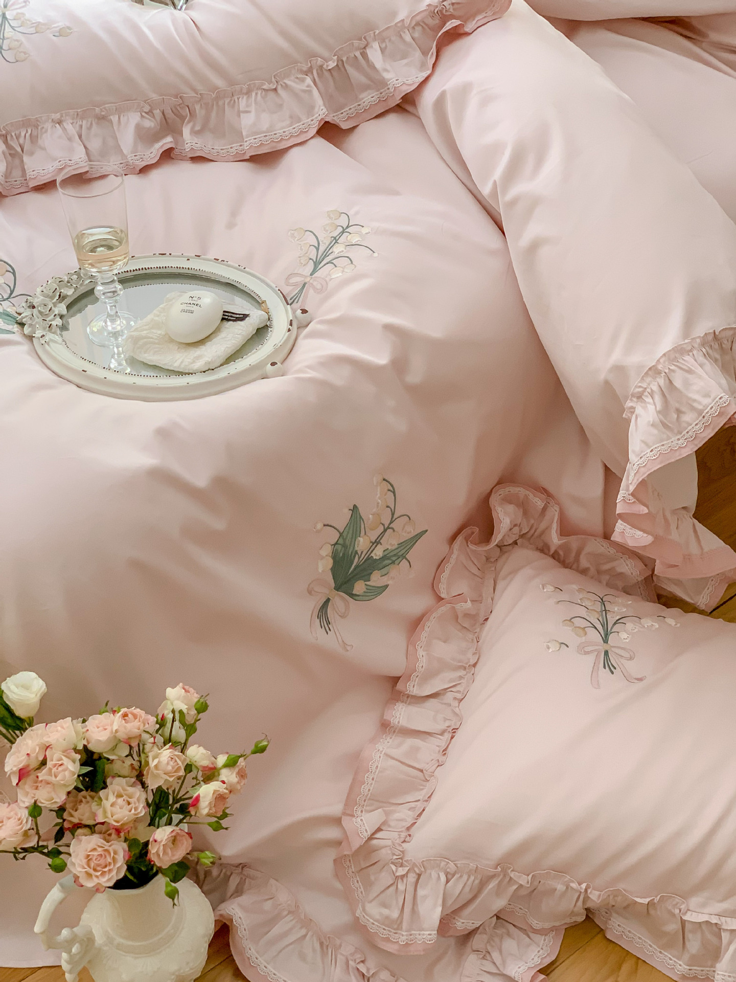 Classical embroidery double-piece natural color fabric with ruffled edges and rounded corners, 100S Australian cotton double-strand Gongbrocade, long-staple cotton four-piece set pic 24