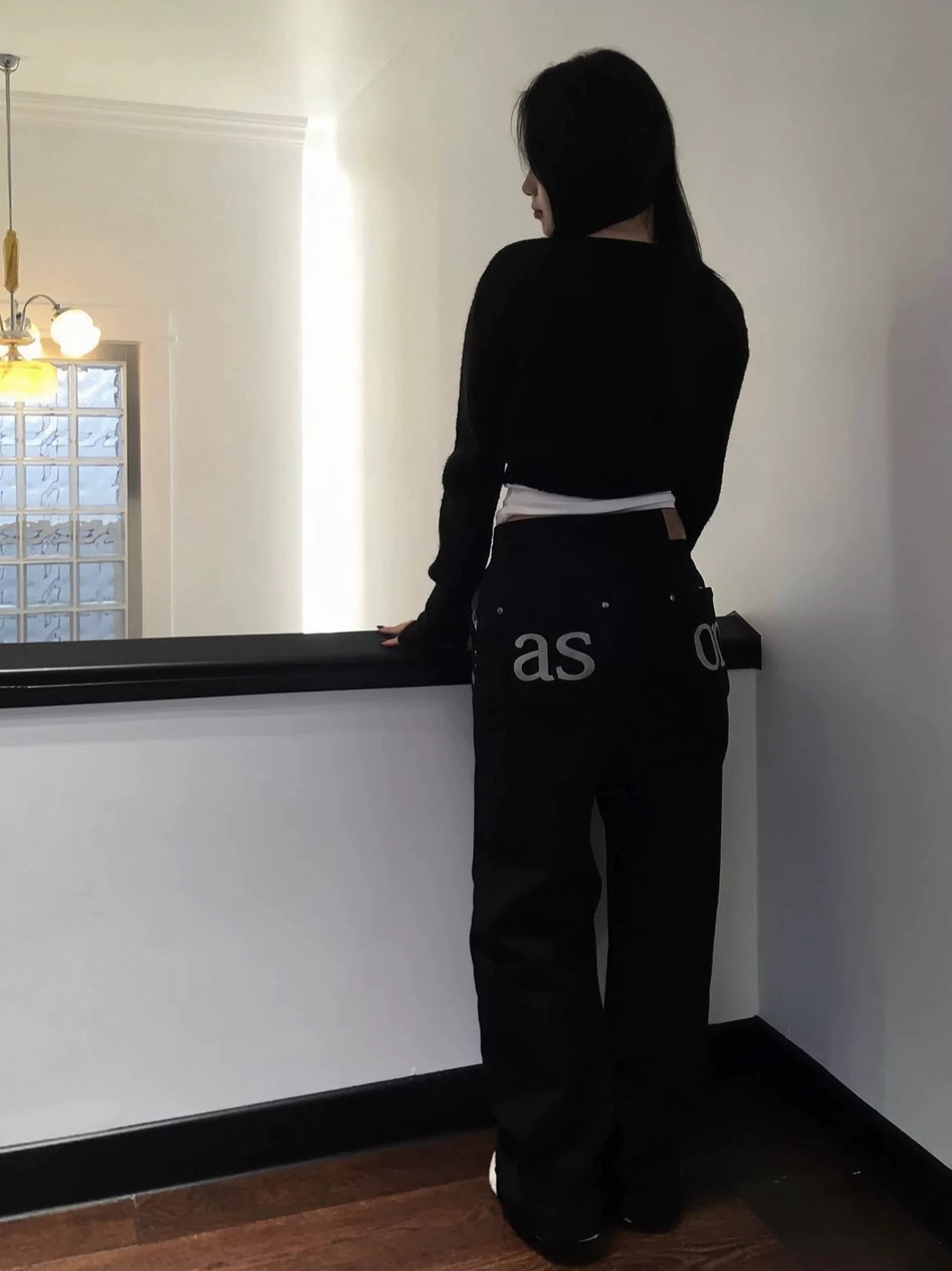 韩国小众 aso*秋新款口袋字母刺绣牛仔裤宽松直筒显瘦高腰长裤女详情6