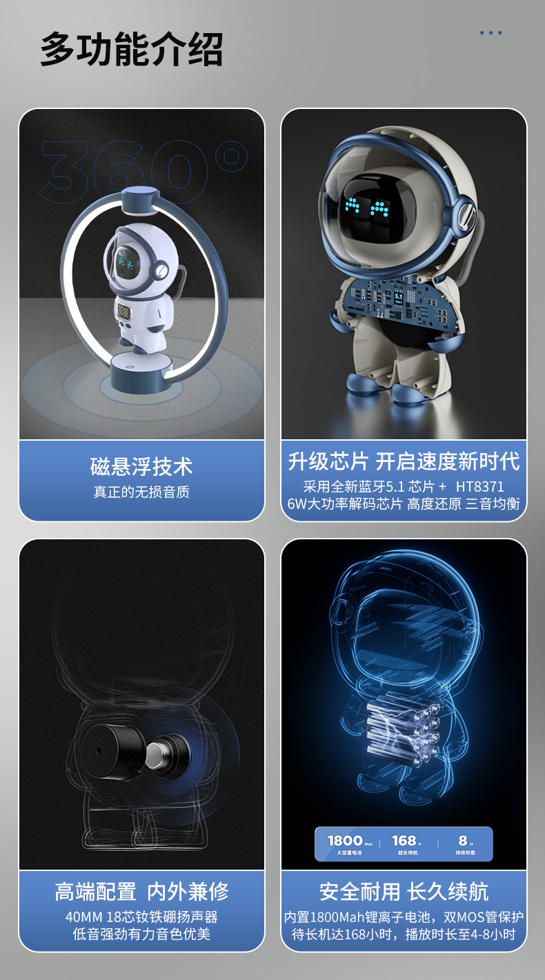 New magnetic levitation astronaut smart AI speaker, Bluetooth clock, alarm clock, memory card, computer speaker, gift pic 11