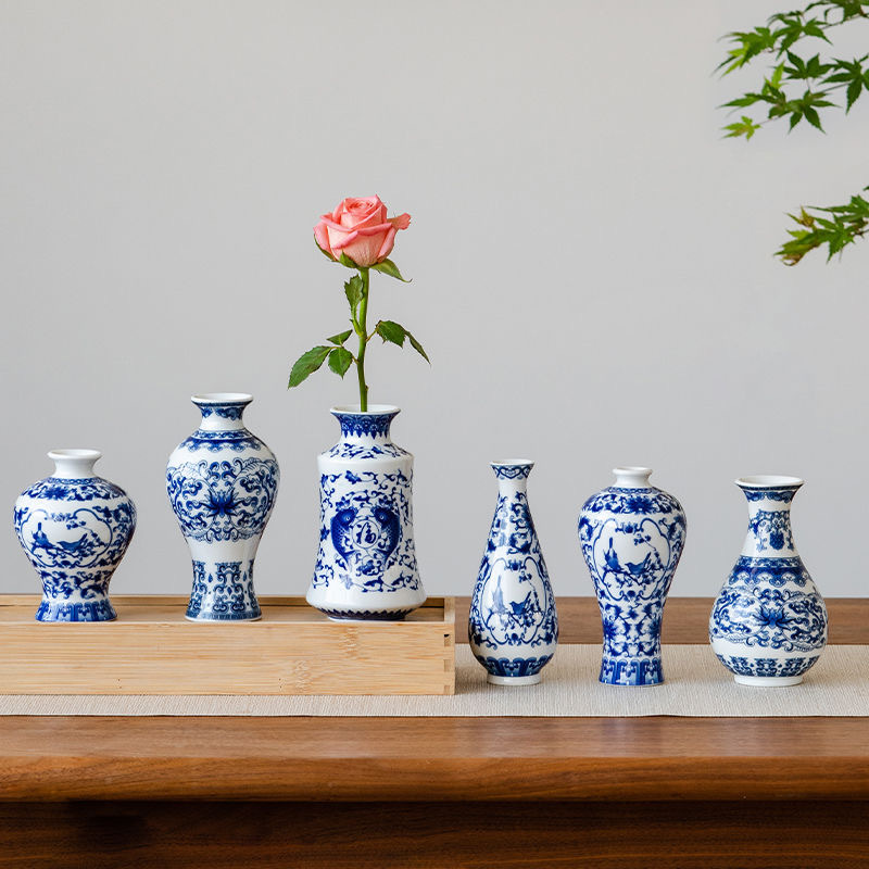 Small mouth celadon vase, blue and white porcelain vase, mini water storage, Jingdezhen flower arrangement, tea ceremony small vase pic 5