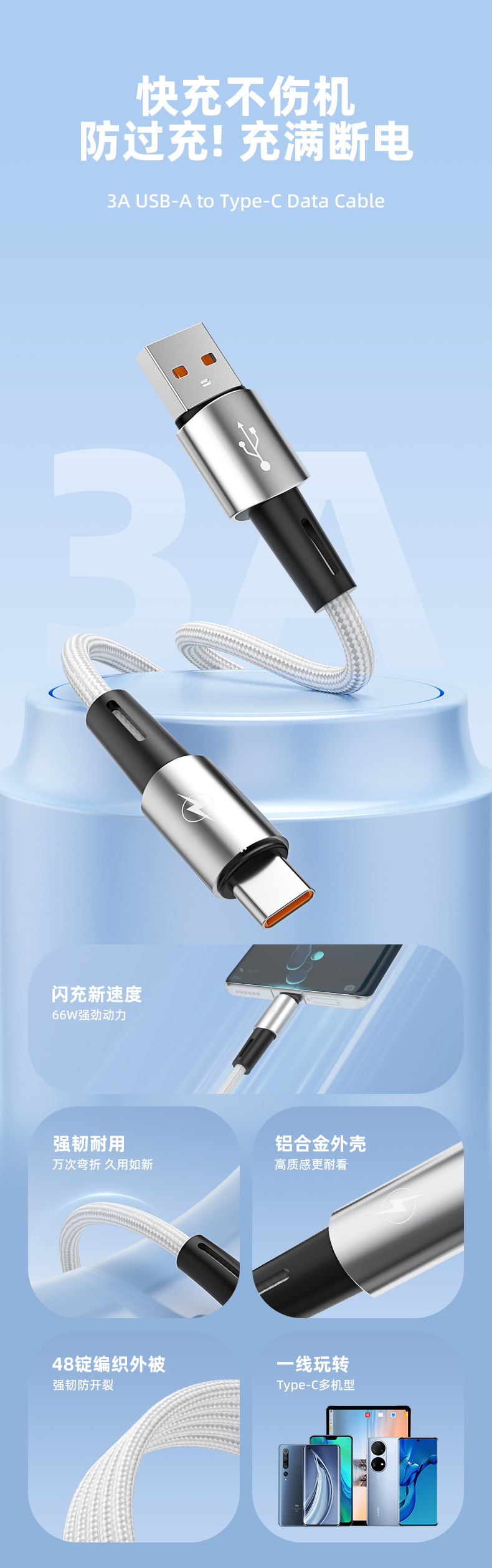 PD27W尼龙编织铝壳快充数据线适用iPhone华为mate40充电线USB批发详情2