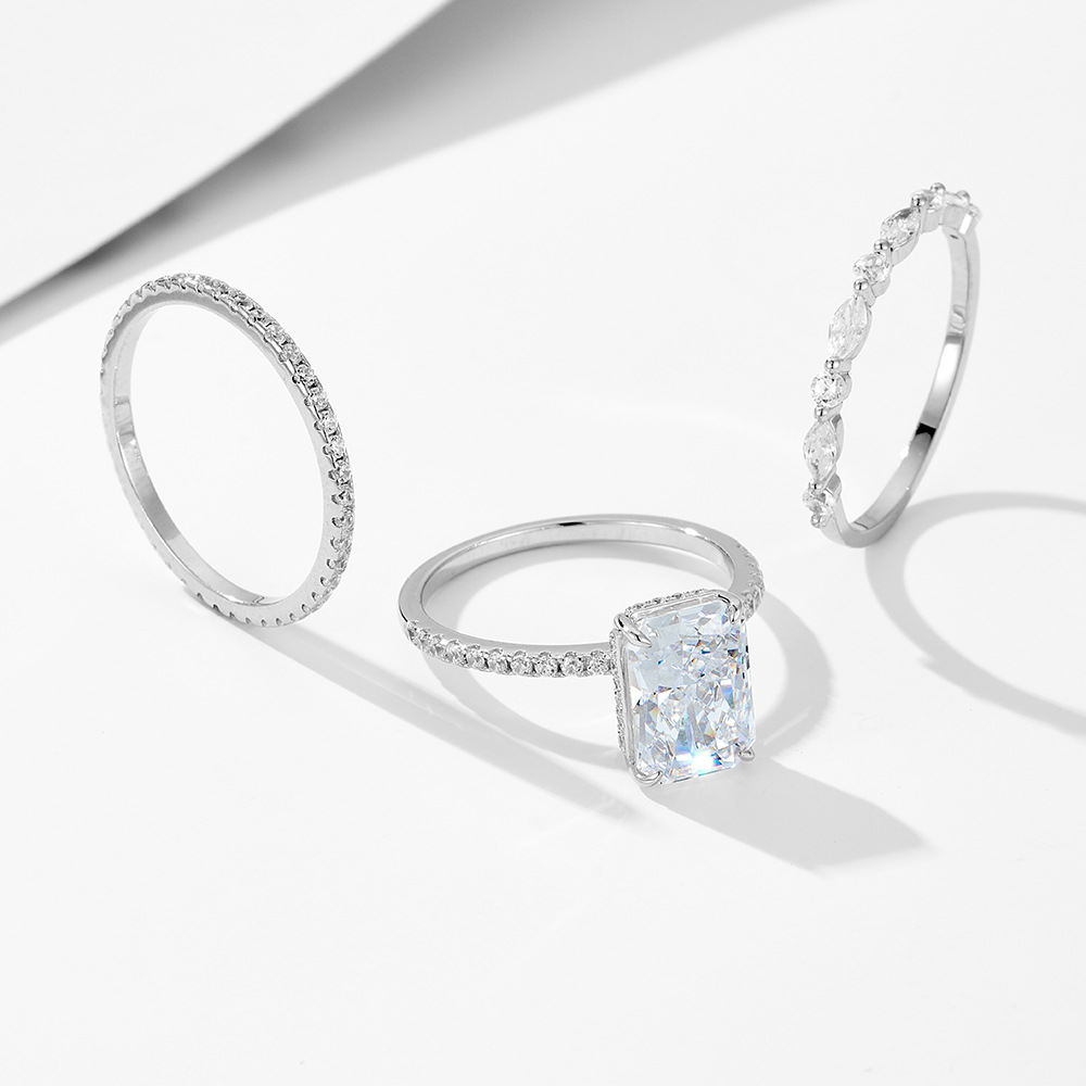 s925 sterling Silver Super Flash Ice Flower Cut Zircon ring set, high-quality cross-border luxury ins ring set from Europe and America pic 13