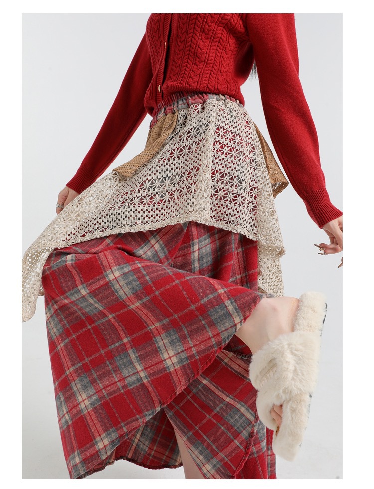 Forest-themed retro checkered skirt for women 2025 new autumn and winter design, irregularly pieced high-waisted A-line long dress pic 27