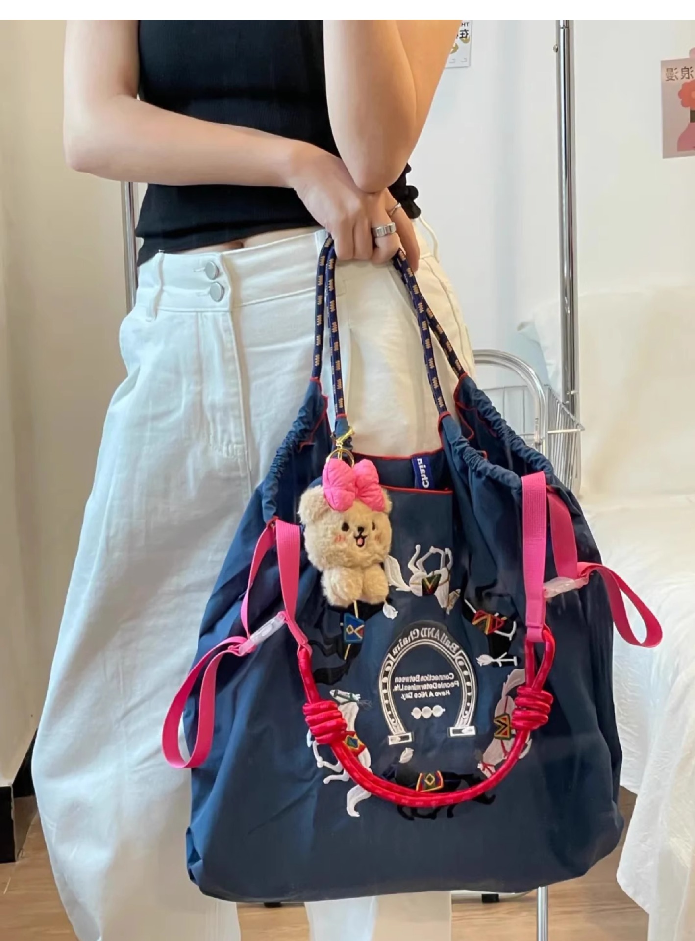 高圆圆同款日本ball chain刺绣环保袋收纳袋尼龙手提单肩斜挎包女详情29