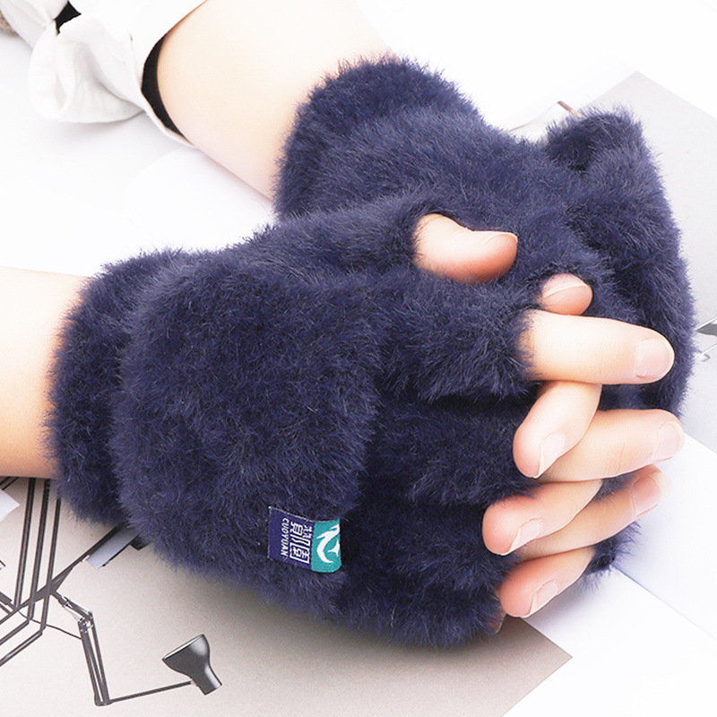 Plush gloves for autumn and winter, finger-exposing warm gloves for men and women, thickened flip cover imitation mink nylon gloves, one piece with free shipping pic 10