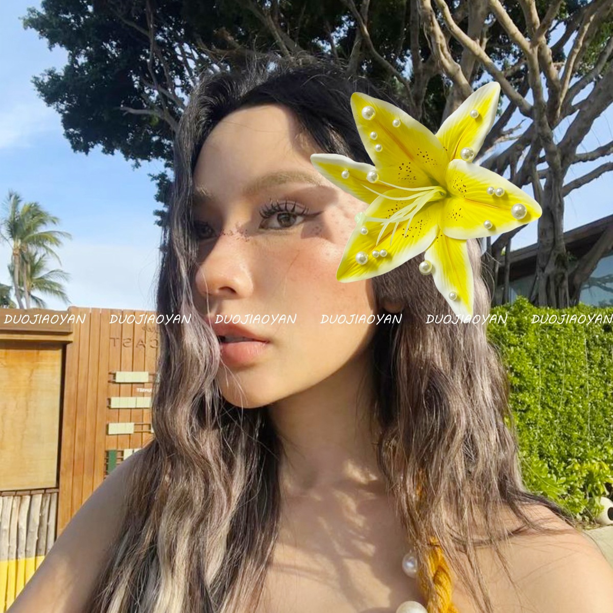 New cross-border lily pearl hairpin with a high-end atmosphere, beaded hair accessory, Hawaiian vacation style duckbill hairpin for women pic 4