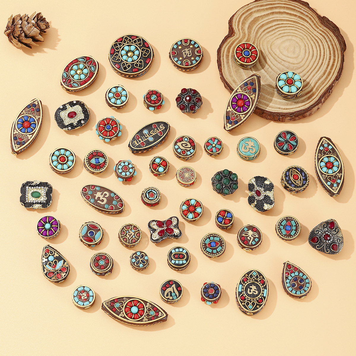 Nepalese Bohemian-style hand-inlaid copper bead pendant, ethnic style DIY jewelry accessory, retro bucket bead pic 2