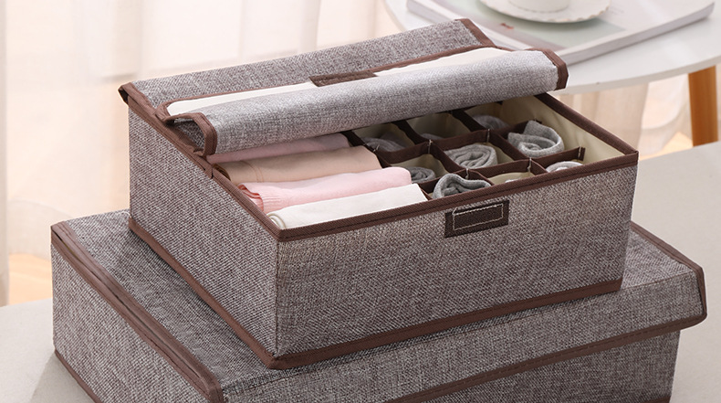 内衣收纳盒分格家用折叠棉麻储物盒带盖内衣裤袜子防尘抽屉盒子详情13