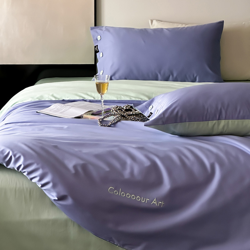 Simple, light luxury and fashionable solid-color long-staple cotton four-piece set, pure cotton letter-embroidered duvet cover, double bedding pic 96