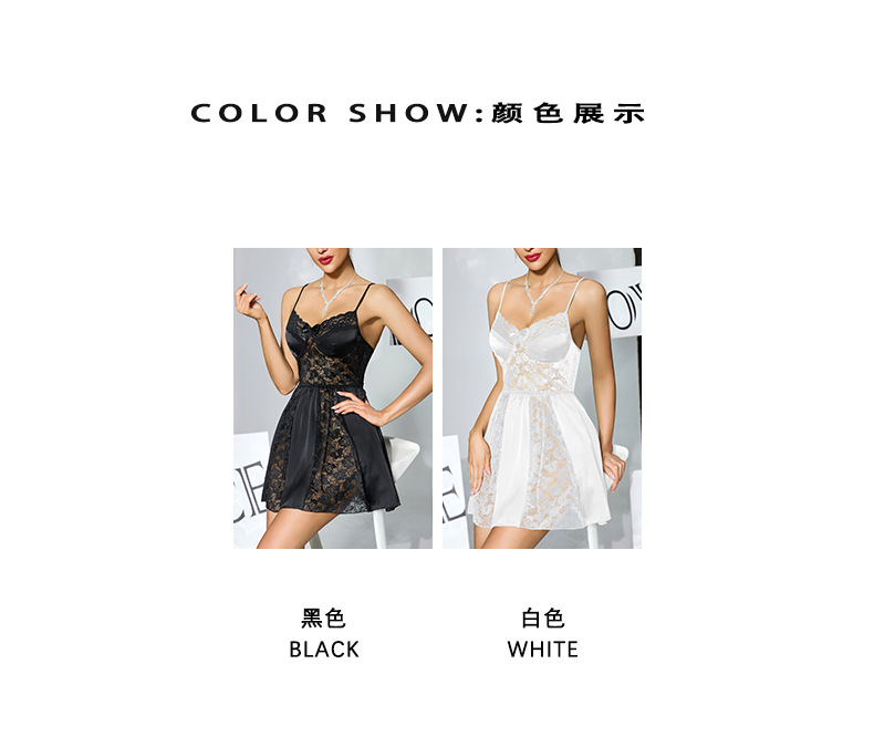 Fuente fábrica europa y américa sexy encaje patchwork satén halter vestido de dormir profundo V corto estilo blanco y negro dos colores inicio vestido 826 pic 3