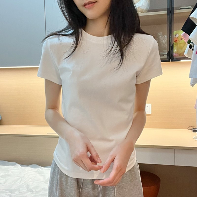 纯棉正肩短袖T恤女夏休闲百搭修身上衣白色T恤显瘦基础款打底衫女详情7