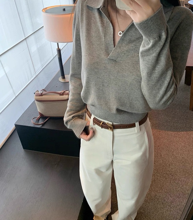 Lin12-高智淡人毛衣老钱风Polo领针织衫女慵懒休闲V领长袖上衣详情6